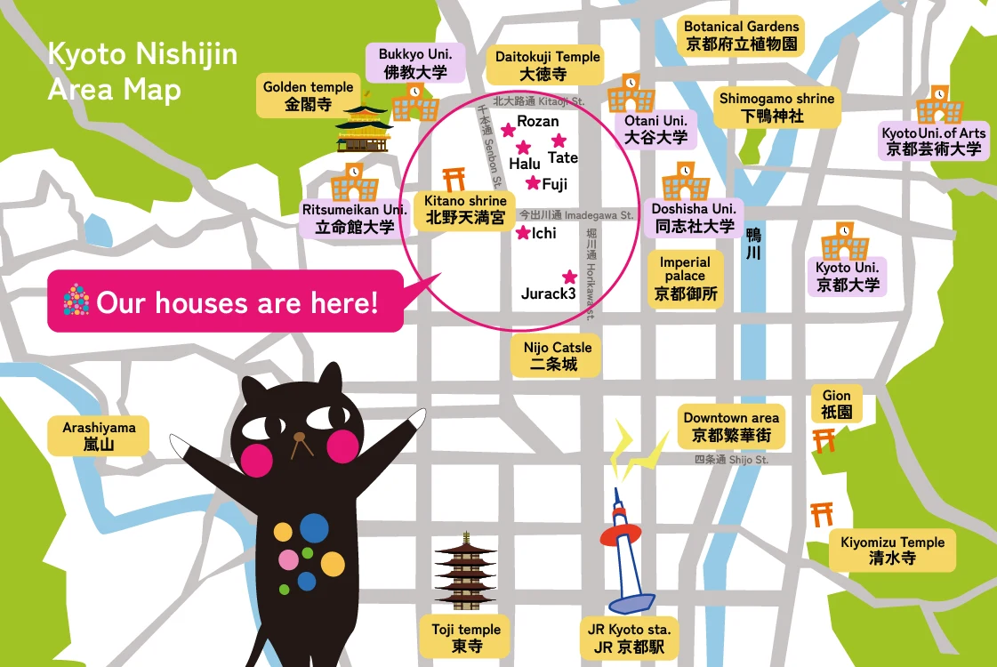 Expo House全6棟と周辺の大学・観光地を示した京都・西陣エリアマップ