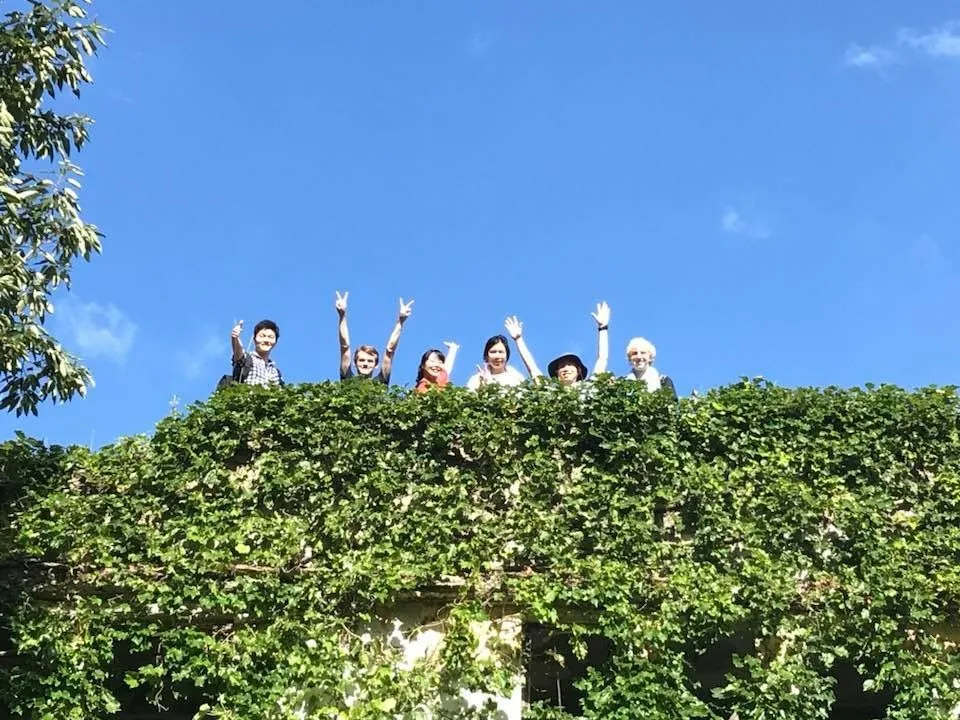Housemates waving from the top of an ivy-covered wall under a blue sky